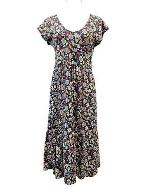 Boden US 6P Floral Tiered Midi Dres Navy Blue 100%‎ Cotton Short Sleeve